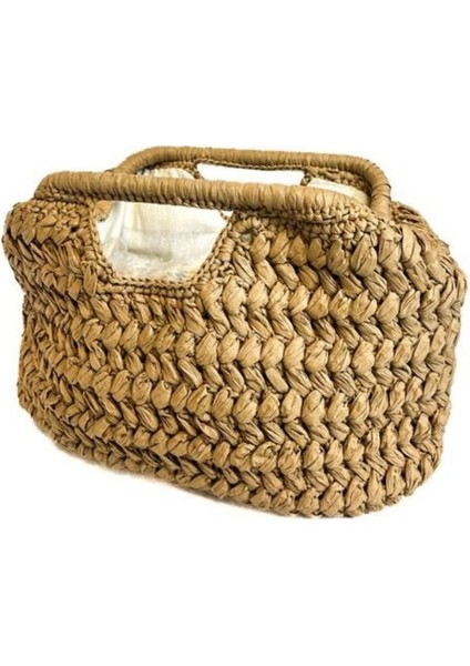 2264 El Örgüsü Burs Kapamalı Kahverengi Rafya Ip Clutch Çanta / 38 cm x 21 cm