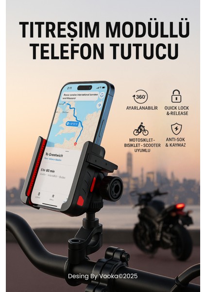Titreşim Önleyici 360° Motosiklet Telefon Tutucu – Gidon & Ayna Uyumlu Scooter Bisiklet Aparatı