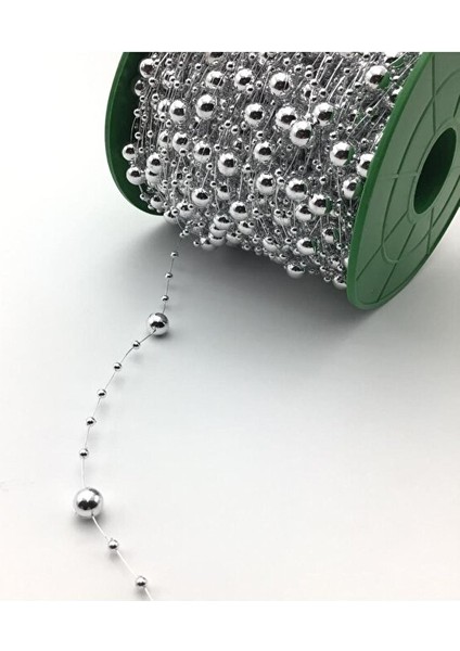 10 Metre Gümüş Misinalı Şerit Inci Boncuk Şerit Çiçek Süsleme Dekorasyon Boncuğu