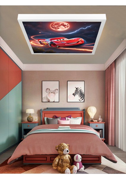 Şimşek Mcqueen Avize, 60X60 Çocuk Odası Avize, 60WATT, Estetik Kare, Yapay Zeka Tasarım Avize, Uzay