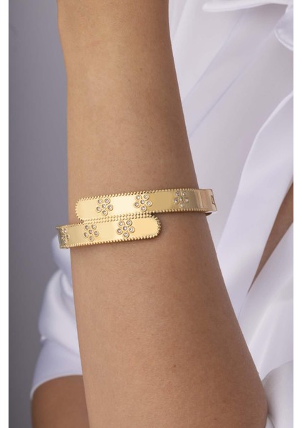 Papatya Işlemeli Altın Kaplama Çift Sıra Çelik Kadın Kelepçe Bileklik