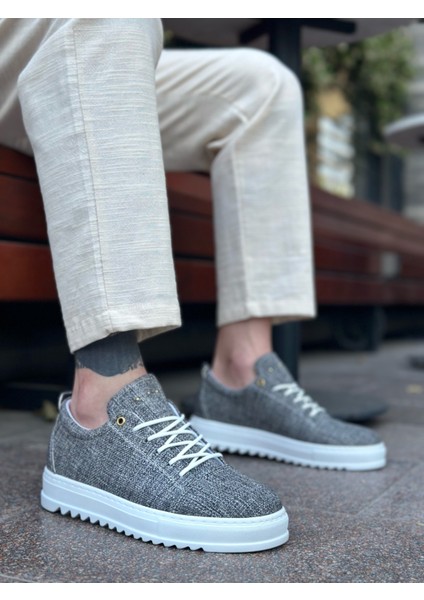ET0152 Bağcıklı Yüksek Taban Gri Kırçıllı Keten Erkek Ayakkabı