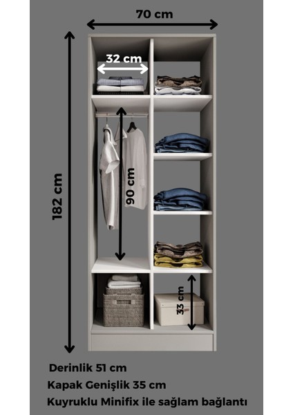 %100 Mdf 2 Kapaklı 2 Çekmeceli 7 Raflı ve 1 Askı Borulu Elbise Dolabı Cabinse Soft Beyaz Meşe fiyatları