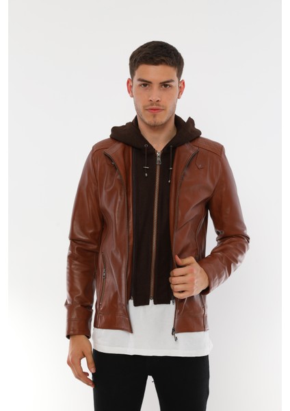 Erkek Kapüşonlu Deri Ceket - E88K
