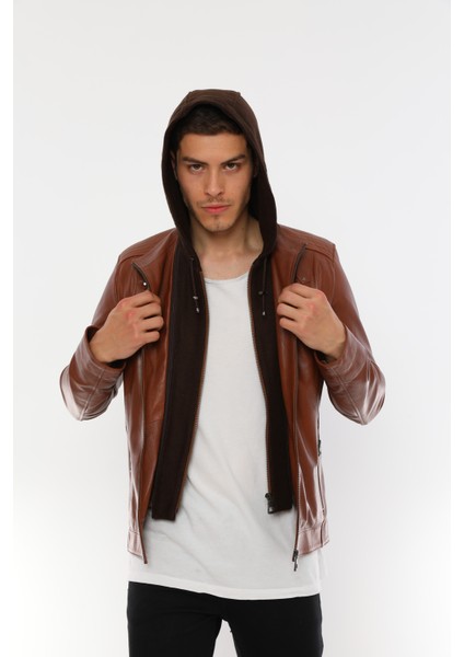 Erkek Kapüşonlu Deri Ceket - E88K fırsatları