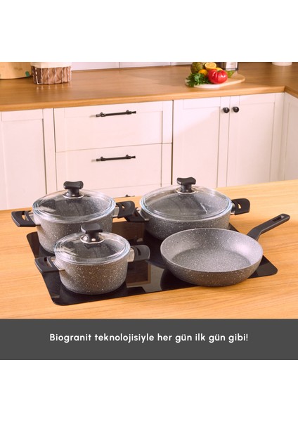 Biogranit Uraz 7 Parça Granit Kaplama Tencere Seti 18-22-26 cm İndüksiyon ve Fırın Kullanımına Uygun modelleri
