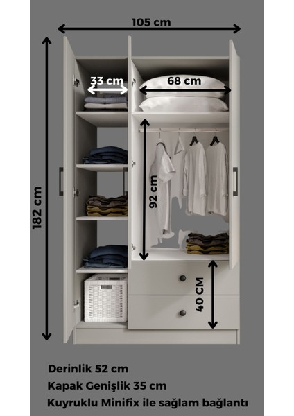 %100 Mdf 2 Kapaklı 2 Çekmeceli 7 Raflı ve 1 Askı Borulu Elbise Dolabı Cabinse Soft Beyaz Meşe indirimleri
