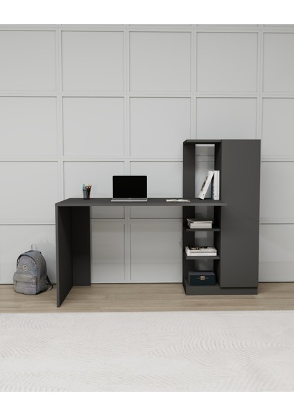 Yağız Dolaplı Raflı Çalışma Bilgisayar Masası, Antrasit - Yağız