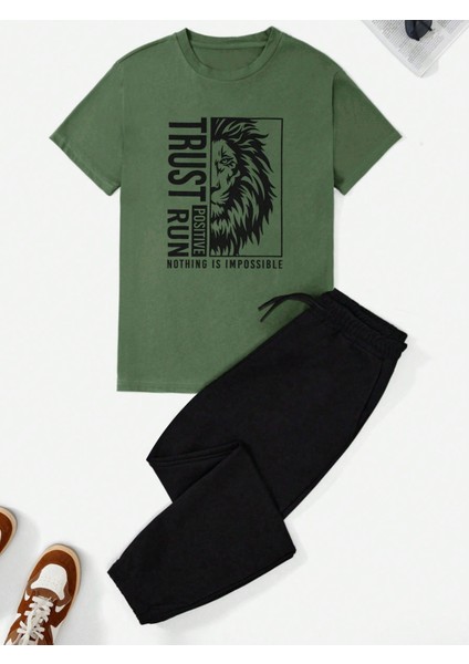 Haki Aslan Baskılı %100 Pamuk Erkek T-Shirt