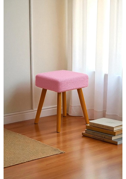 Alvıa Modern Ahşap Ayaklı Teddy Peluş Kare Bench Puf – Dekoratif Tabure