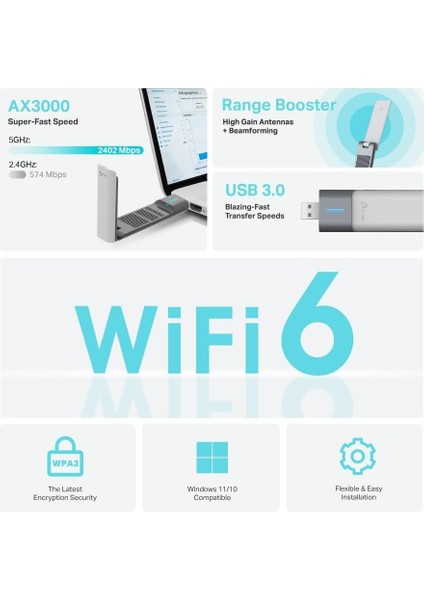 Archer TX50UH, AX3000MBPS USB Adaptörü, Wi-Fi 6, USB 3.0, Çift Bantlı, Wpa3, Beamforming, Mu fırsatları
