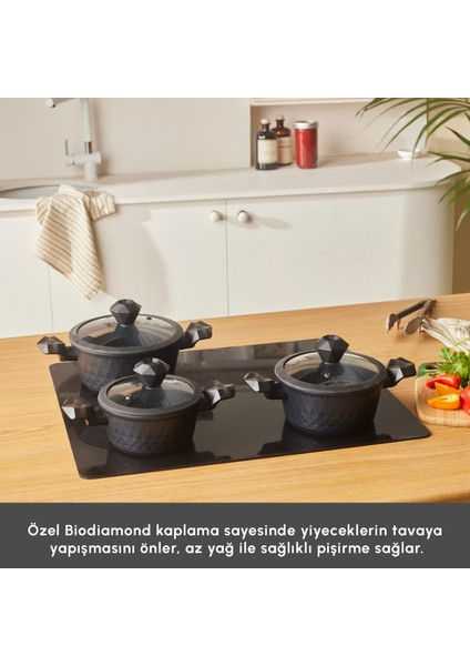 BioDiamond Antibakteriyel Kulp İndüksiyon Tabanlı 6 Parça Tencere Seti modelleri