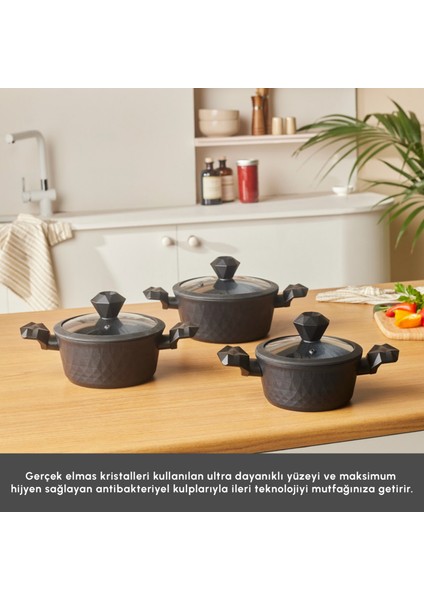 BioDiamond Antibakteriyel Kulp İndüksiyon Tabanlı 6 Parça Tencere Seti indirimleri