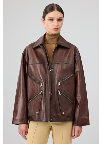 Claris Kadın Kahverengi Gömlek Yaka Oversize Deri Mont 25WGE5332NC