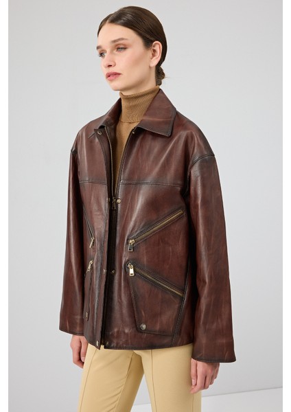 Claris Kadın Kahverengi Gömlek Yaka Oversize Deri Mont 25WGE5332NC fiyatları