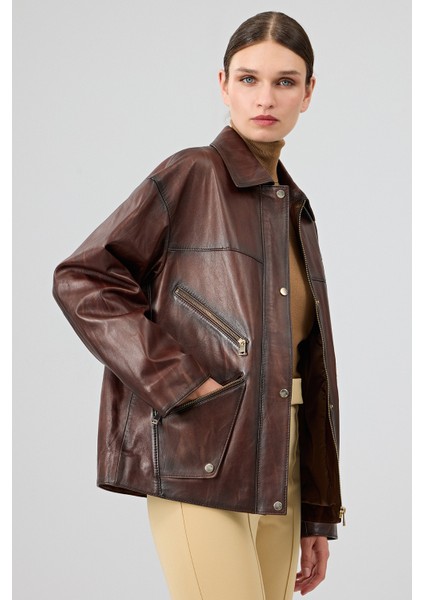 Claris Kadın Kahverengi Gömlek Yaka Oversize Deri Mont 25WGE5332NC modelleri