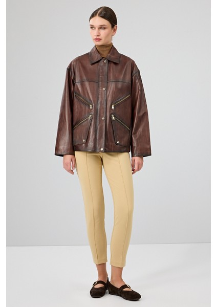 Claris Kadın Kahverengi Gömlek Yaka Oversize Deri Mont 25WGE5332NC indirimleri