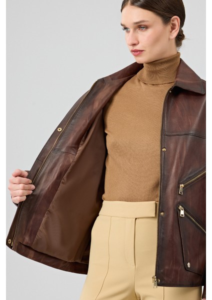 Claris Kadın Kahverengi Gömlek Yaka Oversize Deri Mont 25WGE5332NC