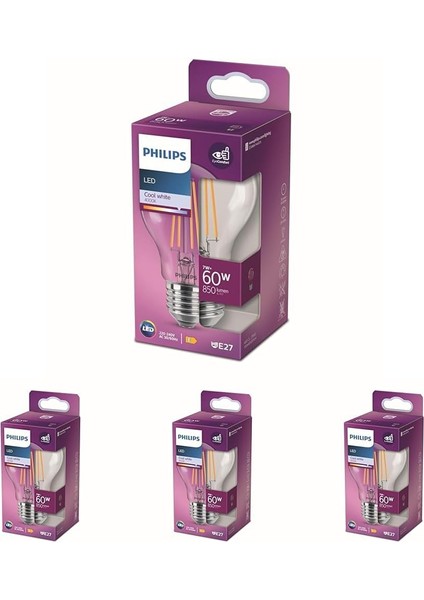 LED Classic 60W A60 Filament Ampul, 4000K Gün Işığı, E27 Normal Duy, Dim Edilmez 4lü Paket