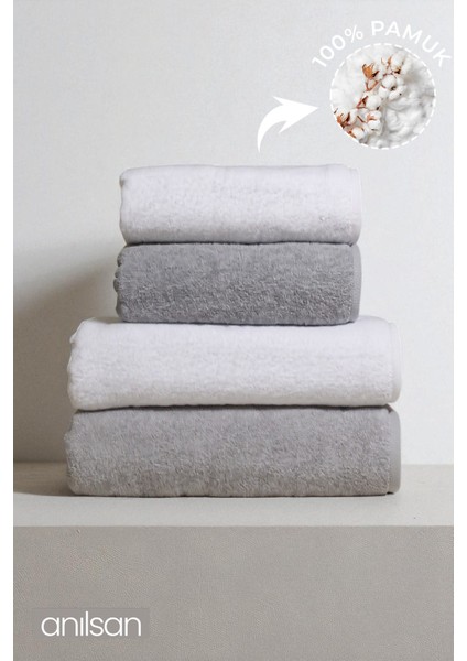 4'lü Gri-Beyaz Havlu Set %100 Pamuk - 2 Adet El Havlusu 50X90 ve 2 Adet Banyo Havlusu 70X140