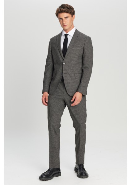 Slim Fit Dar Kesim Mono Yaka Kazayağı Desenli Kapak Cepli Esnek Takım Elbise modelleri