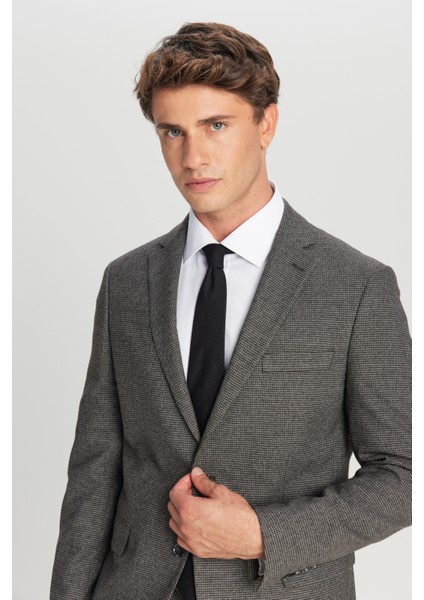 Slim Fit Dar Kesim Mono Yaka Kazayağı Desenli Kapak Cepli Esnek Takım Elbise indirimleri