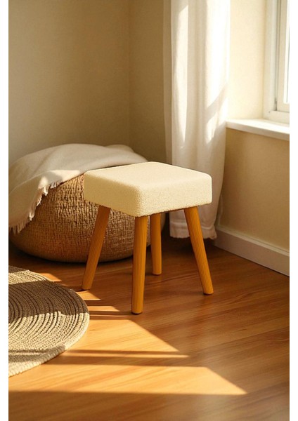 Alvıa Modern Ahşap Ayaklı Teddy Peluş Kare Bench Puf – Dekoratif Tabure