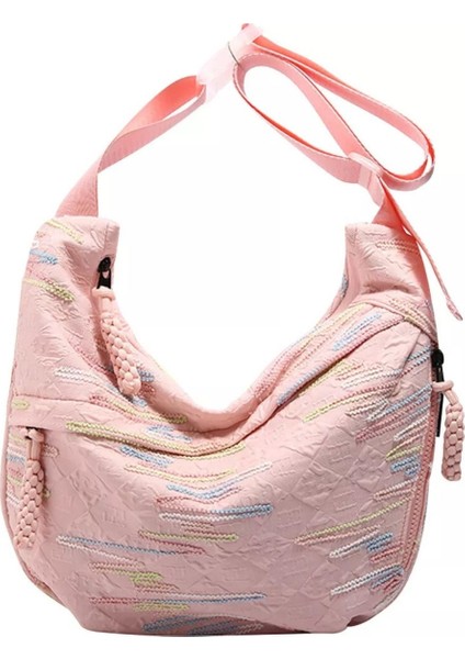 Pembe ve Çizgi Desenli Omuz Çantası modelleri