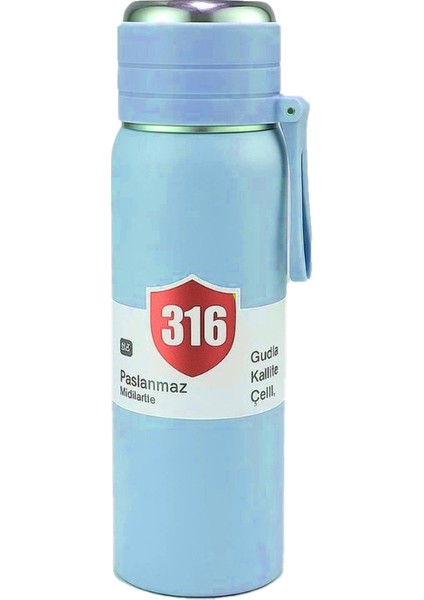 Paslanmaz Çelik Matara Termos Su Şişesi 500 ml Vakumlu Kapak - Mavi