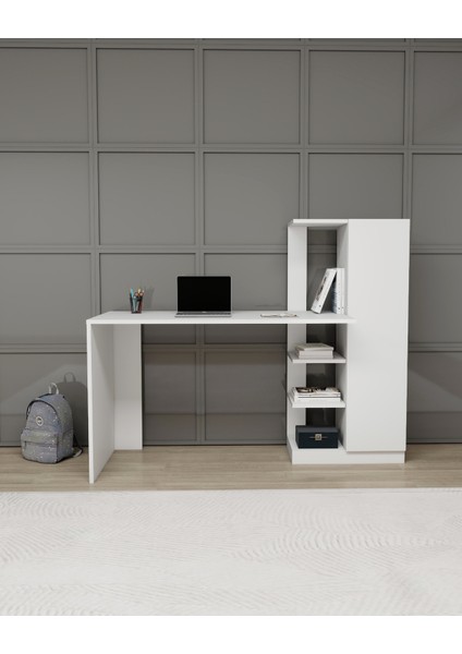 Yağız Dolaplı Raflı Çalışma Bilgisayar Masası, Beyaz - Yağız