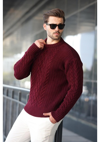 Bordo Örgü Desenli Triko Erkek Kazak E7425