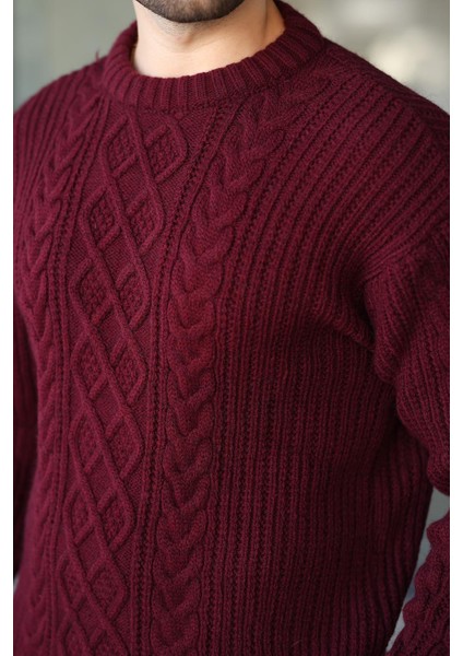 Bordo Örgü Desenli Triko Erkek Kazak E7425 modelleri
