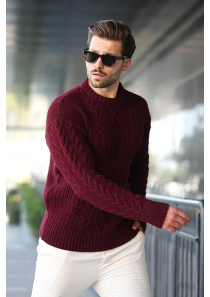 Bordo Örgü Desenli Triko Erkek Kazak E7425 fırsatları