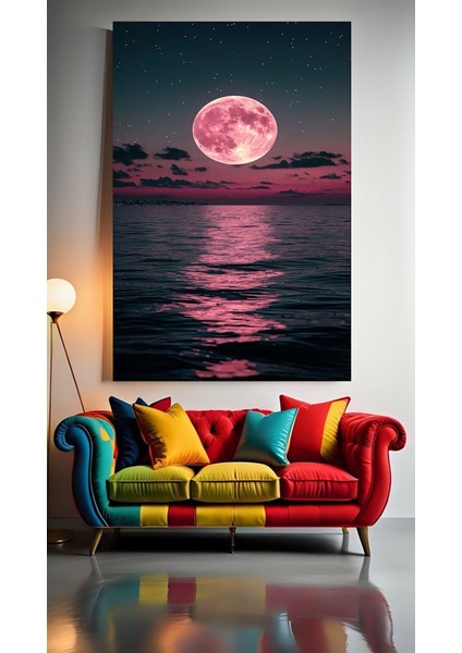 Pembe Dolunay V1 Ev Duvar Salon Güzellik Salonu Ofis Dükkan Dekarasyon Kanvas Tablo