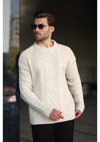 Ekru Örgü Desenli Triko Erkek Kazak E7425