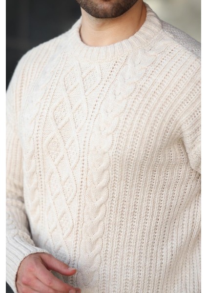 Ekru Örgü Desenli Triko Erkek Kazak E7425 modelleri