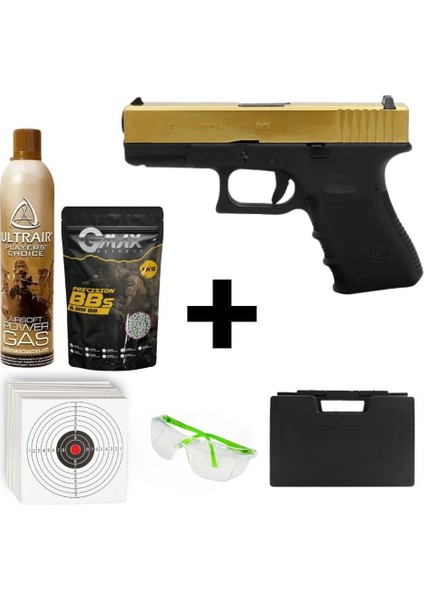 Glock 19 Gen3 Titanium Gold + Green Gas + 1 kg Bb + Taşıma Çantası + Atış Gözlüğü