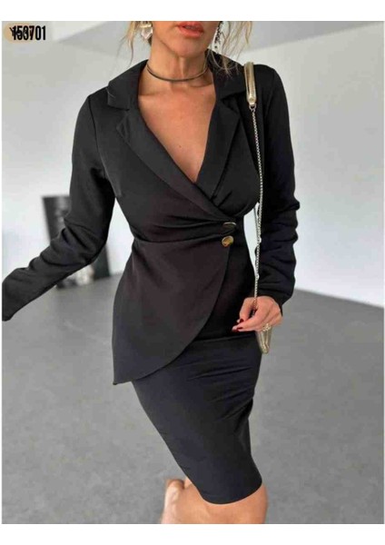 Kadın Ceket Yaka Düğme Detaylı Atlas Kumaş Elbise, Kırmızı Gül Figürlü Kolye Hediye fiyatları