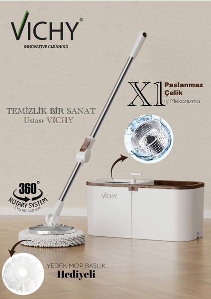 Vıchy 360° Döner Mop Temizlik Seti | Kolay Sıkma Kova, Mikrofiber Mop (Yedek Mop Hediyeli) VCH-6674 X1