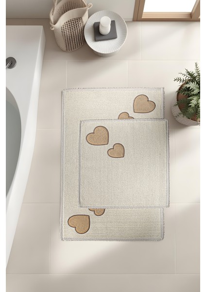 Banyo 2li Paspas Takımı Kalp Bej 60X100