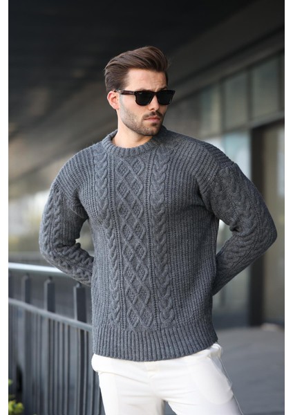 Antrasit Örgü Desenli Triko Erkek Kazak E7425