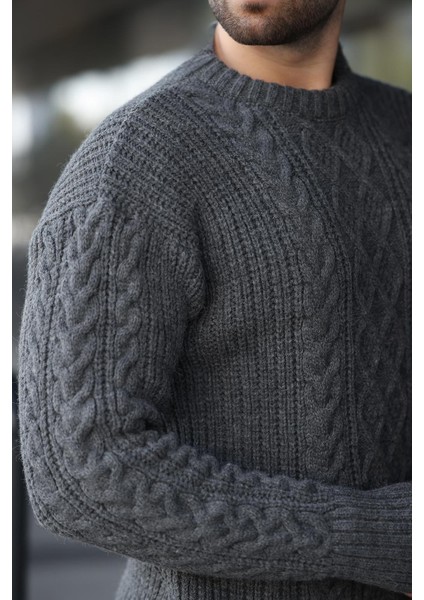 Antrasit Örgü Desenli Triko Erkek Kazak E7425 modelleri