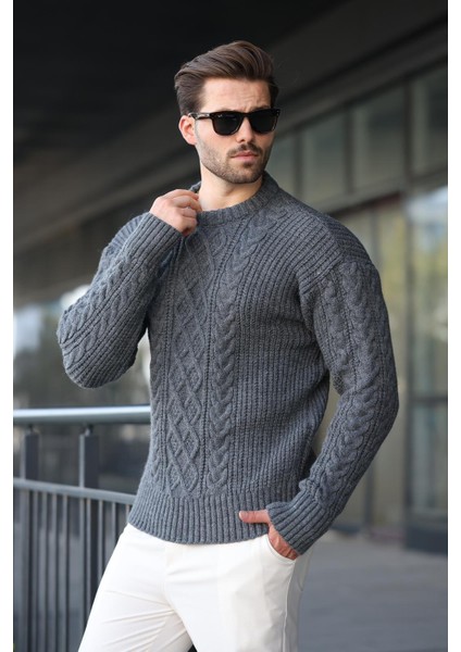 Antrasit Örgü Desenli Triko Erkek Kazak E7425 fırsatları