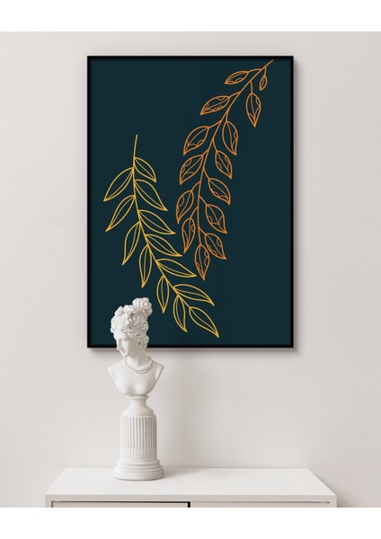 Metal Çerçeveli Gerçek Camlı Tablo, Sarı ve Turuncu Bitki Temalı Tablo, Minimalist Soyut Çiçek Tablo