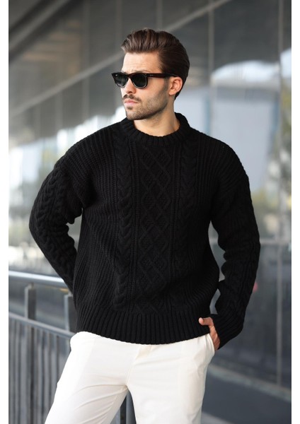 Siyah Örgü Desenli Triko Erkek Kazak E7425