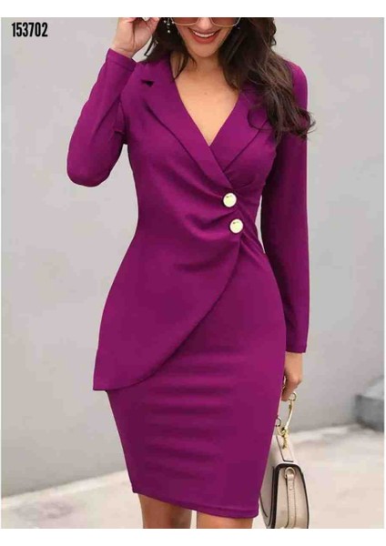 Kadın Ceket Yaka Düğme Detaylı Atlas Kumaş Elbise, Kırmızı Gül Figürlü Kolye Hediye