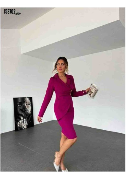 Kadın Ceket Yaka Düğme Detaylı Atlas Kumaş Elbise, Kırmızı Gül Figürlü Kolye Hediye fiyatları