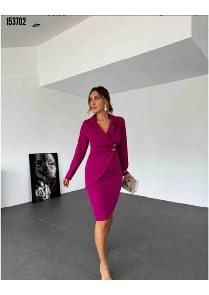 Kadın Ceket Yaka Düğme Detaylı Atlas Kumaş Elbise, Kırmızı Gül Figürlü Kolye Hediye modelleri