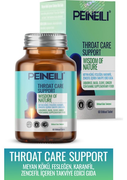 Thoroat Care Support Meyan Kökü Fesleğen Karanfil Zencefil Içeren Gıda Takviyesi 60 Bitkisel Tablet
