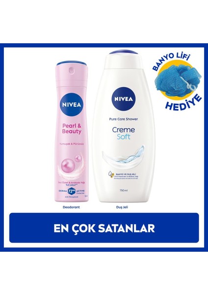 Kadın Sprey Deodorant Pearl&beauty 150ML ve Creme Soft Kremsi Dokunuş Duş Jeli 750ML, Lif Hediyeli